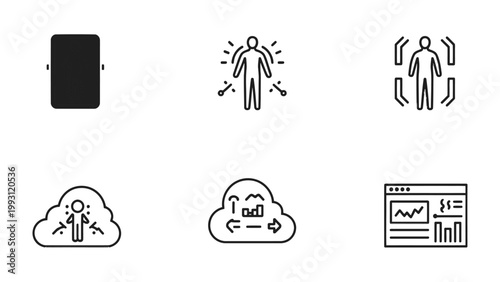 Digital Transformation Icons: A set of six meticulously crafted line icons representing digital transformation, encompassing diverse technological concepts and human-centric design.