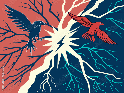 Electric Birds, Shocking Branches, Vector Illustration, Dark Nature