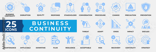 Business Continuity Icon Set Collection. Containing Business, Disruption, Quality, Response, Stakeholder, Conversation, Procedure, Finance, strategy and more. Simple Blue Vector Illustration.