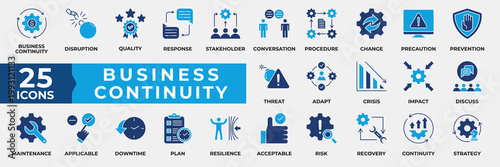 Business Continuity Icon Set Collection. Containing Business, Disruption, Quality, Response, Stakeholder, Conversation, Procedure, Finance, strategy and more. Simple Flat Blue Vector Illustration.