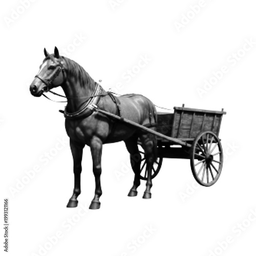 Monochrome halftone illustration of a horse harnessed to a cart, depicted in a vintage dotted engraving style. The image captures a traditional mode of transport, symbolizing rural life, agriculture, 