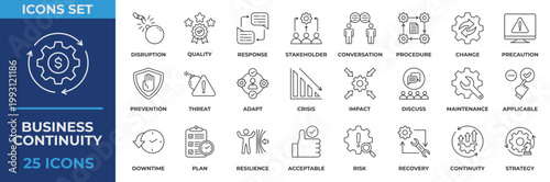 Business Continuity icon set collection in line style, an icon pack contain business, strategy, conversation, prevention, crisis, impact, risk, finance and quality . Vector Illustration.