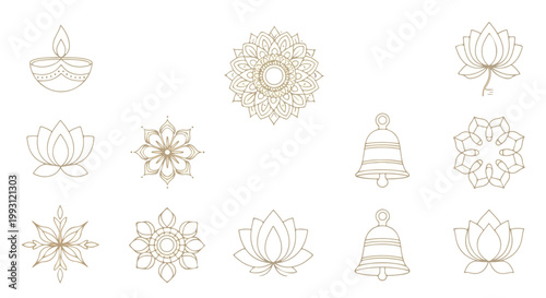 Collection of Indian cultural icons featuring traditional diya oil lamps lotus flowers sacred mandalas and temple bells for diwali festival celebration and spiritual design
