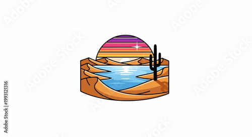 Desert oasis with sunset and cactus