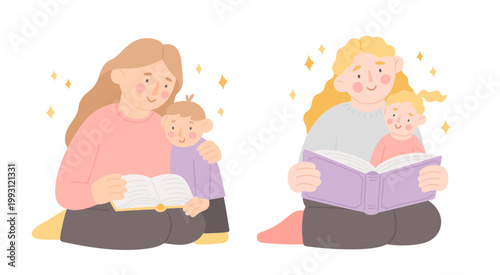Mothers and children read book sitting on the floor. Woman and boy and girl with fairy tale books. Cute flat vector illustrations. Parent instills a love of reading