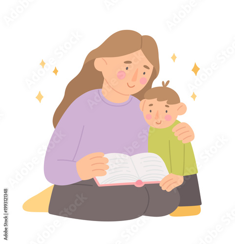 Mother and son read a book sitting on  the floor. Woman and child with fairy tale book. Cute flat vector illustration. Parent instills a love of reading