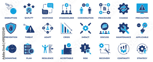 Business Continuity icon collection set. with icon business, continuity, strategy, finance, quality, prevention, risk, discuss and more. Flat blue solid style vector illustration. 