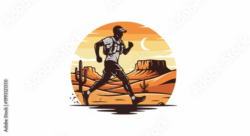 Desert runner in motion against a sunset, with cacti and mesas