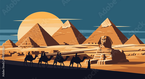 Desert sunset casts long shadows on pyramids and Sphinx with camels walking
