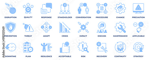 Business Continuity icon collection set. with icon business, continuity, strategy, finance, quality, prevention, risk, discuss and more. Blue Line style vector illustration. 