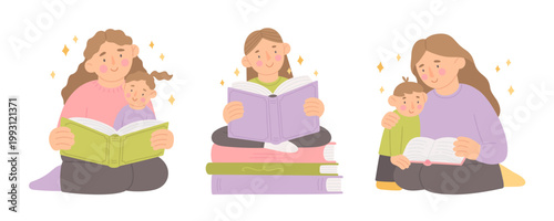 Mothers and little children read books. Women and babies with fairy tale books. Cute flat vector illustrations set. Parent instills a love of reading. Children book.