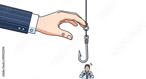 Businessman caught in a financial trap by a giant hand.