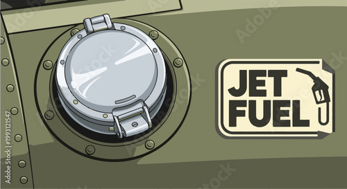 Detailed close-up of a metallic hatch and a sign labeled "JET FUEL" on a textured surface