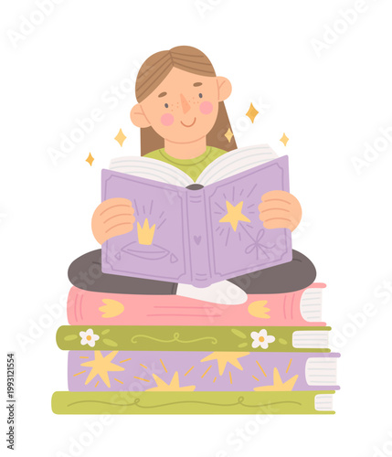 Little girl reads a book sitting on a stack of books. Child with fairy tale book. Cute flat vector illustration.