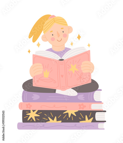 Little girl reads a book sitting on a stack of books. Child with fairy tale book. Cute flat vector illustration.