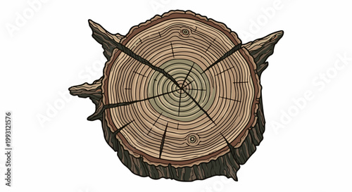 Detailed cross-section of a tree stump, showing growth rings, bark texture and splinters