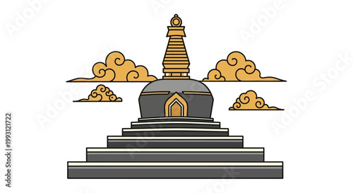 Minimalist vector illustration of a Buddhist stupa with clouds on white background.