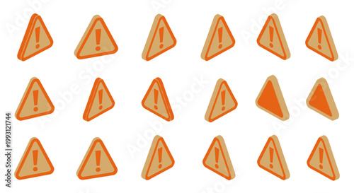 Set of isometric 3D warning icons with exclamation marks in orange on white background