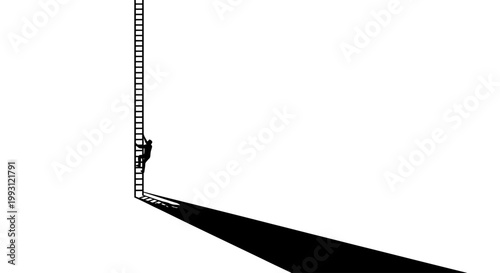 Silhouette of a businessman climbing a tall ladder representing career growth and ambition.