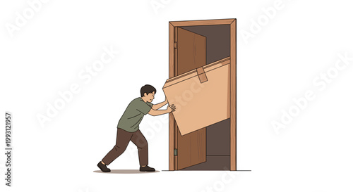 Person Pushing Heavy Box That Blocks Narrow Doorway Problem Concept