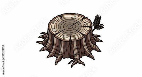 Detailed illustration of a tree stump with visible growth rings and a small pine sprig