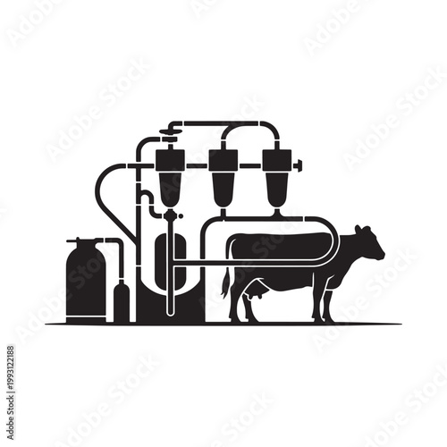 Black and white illustration of a cow being milked by a machine