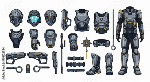 Detailed pixel art collection of futuristic armor and weaponry