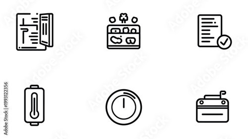Iconic Kitchen Set: A collection of minimalist line art icons, each representing an essential aspect of the kitchen environment. The set includes a refrigerator, storage with food, a checklist.