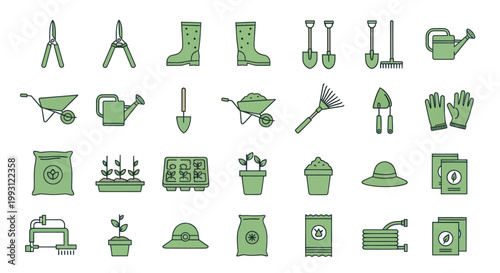 Collection of garden tools and supplies for plant care.