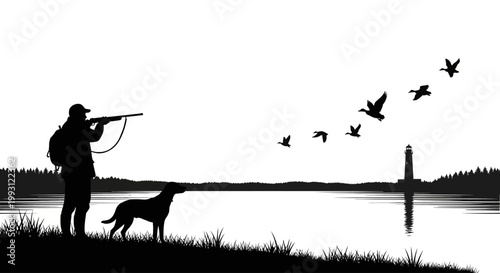 Silhouette of hunter with dog and ducks flying past a lighthouse.