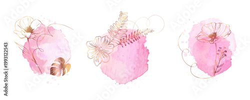 Blush watercolor floral set with gold lines, elegant botanical background for branding packaging wall art templates