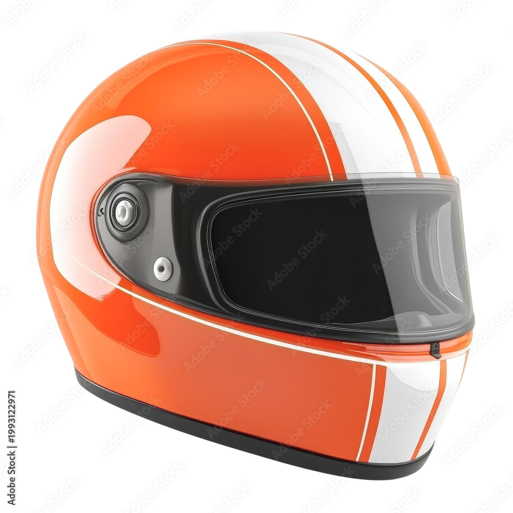 Fototapeta premium Bright orange racing helmet with white stripes on display for motorsport enthusiasts on transparent