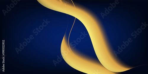Luxury Gold Curved Ribbon on Dark Blue Background with Sparkle Lighting Effects and Copy Space