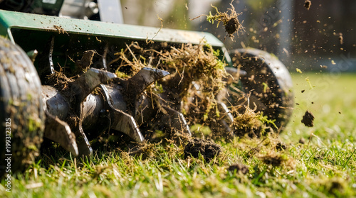 Close up of a lawn scarifier machine removing dry thatch and moss from green grass.