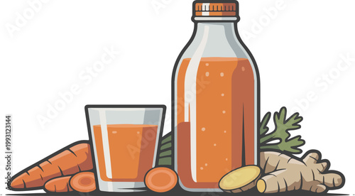 Healthy Carrot Ginger Juice in Bottle with Fresh Ingredient Illustration