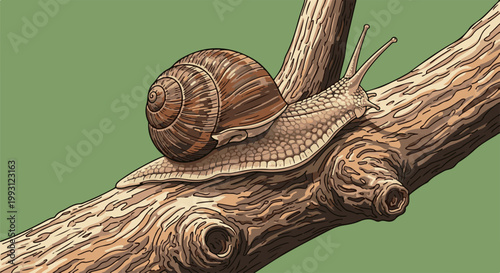 Detailed pixel art of a terrestrial snail traversing a rough tree branch
