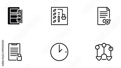 Set of Daily Essentials: A minimalistic collection of daily essentials including various icons representing food, organization, and time management.