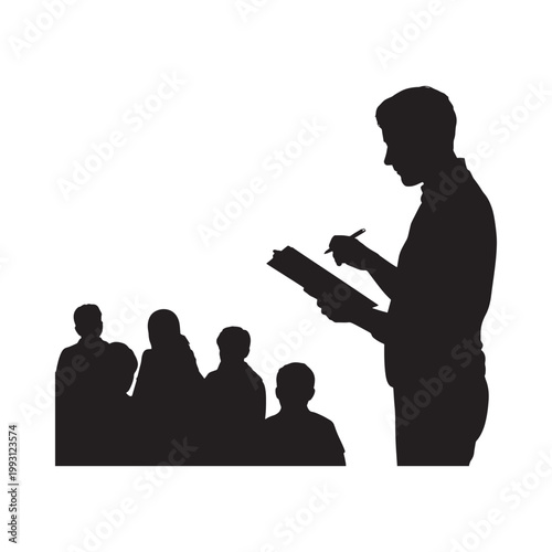 Silhouette of a person writing while addressing a seated group