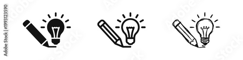 Creative idea lightbulb and pencil icon set in solid outline and hand drawn styles