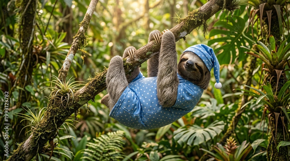 Fototapeta premium Adorable sloth in blue polka dot pajamas and sleeping cap peacefully hanging from a mossy tree branch in a lush tropical rainforest