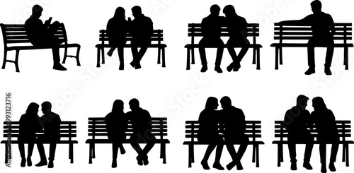 Set of isolated black vector silhouettes of people sitting on park benches, couples and individuals resting on white background.
