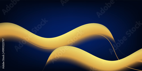 Luxury Gold Curved Ribbon on Dark Blue Background with Sparkle Lighting Effects and Copy Space