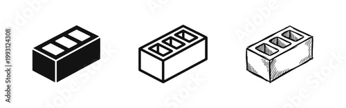Concrete Cinder Block Brick Icon Set for Construction and Building in Three Different Styles