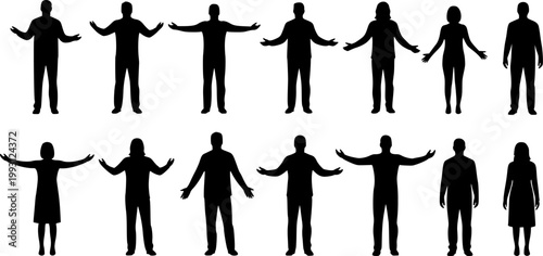 Vector collection of black silhouettes featuring men and women standing with open arms outstretched isolated on white background, set.
