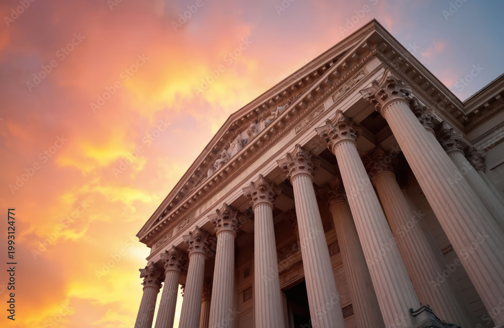 Naklejka premium Neoclassic building facade with tall columns against dramatic orange sky. Architecture exterior features classical elements. Government structure facade details.