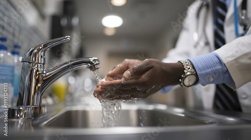 Close up of doctor washing hands under running water at hospital sink, promoting hygiene, infection control, and medical safety practices.