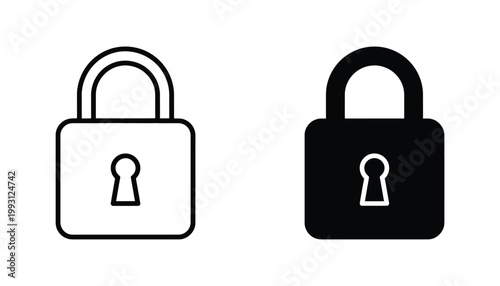 Classic padlock icon set with keyhole detail in outline and solid black variants for security and privacy themes
