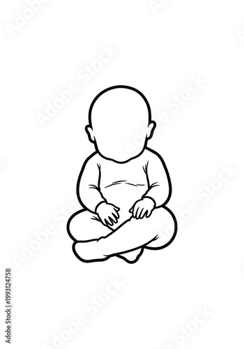 A black and white drawing of a baby sitting in lotus position