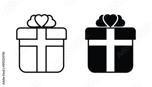 Gift box icon with heart topper in outline and solid black styles for celebration and retail marketing
