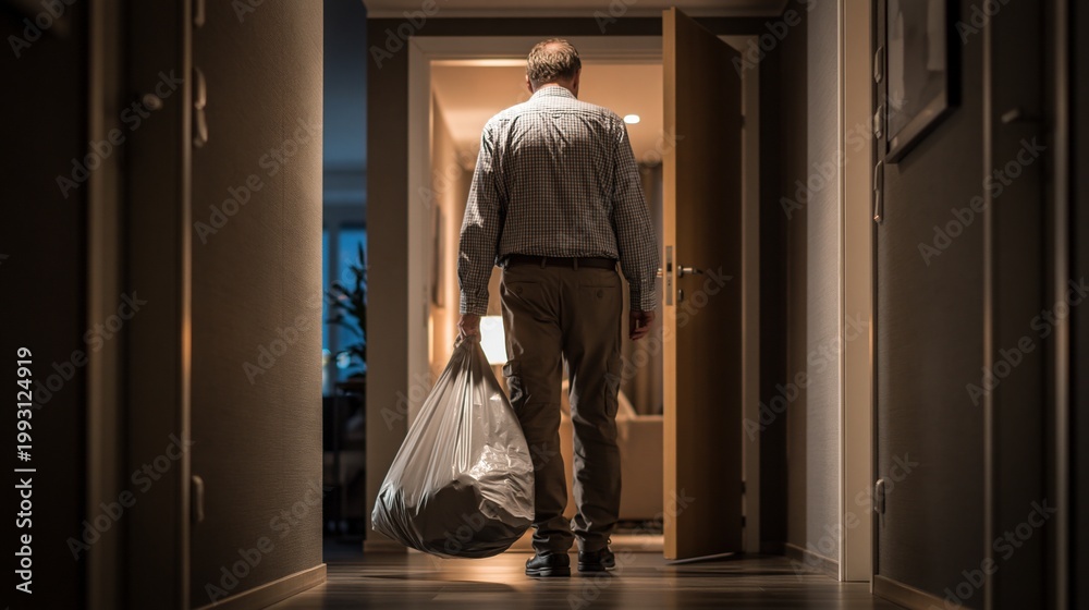Fototapeta premium Man walking down hallway carrying large trash bag at home, rear view indoor scene with warm light and copy space for cleaning or household chore concepts.